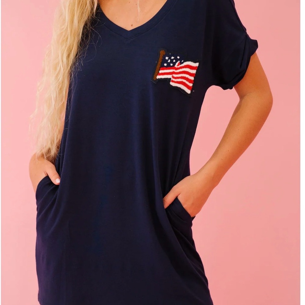 Judith March Navy Independence Day Coverup with Pockets and Flag Patch, Medium